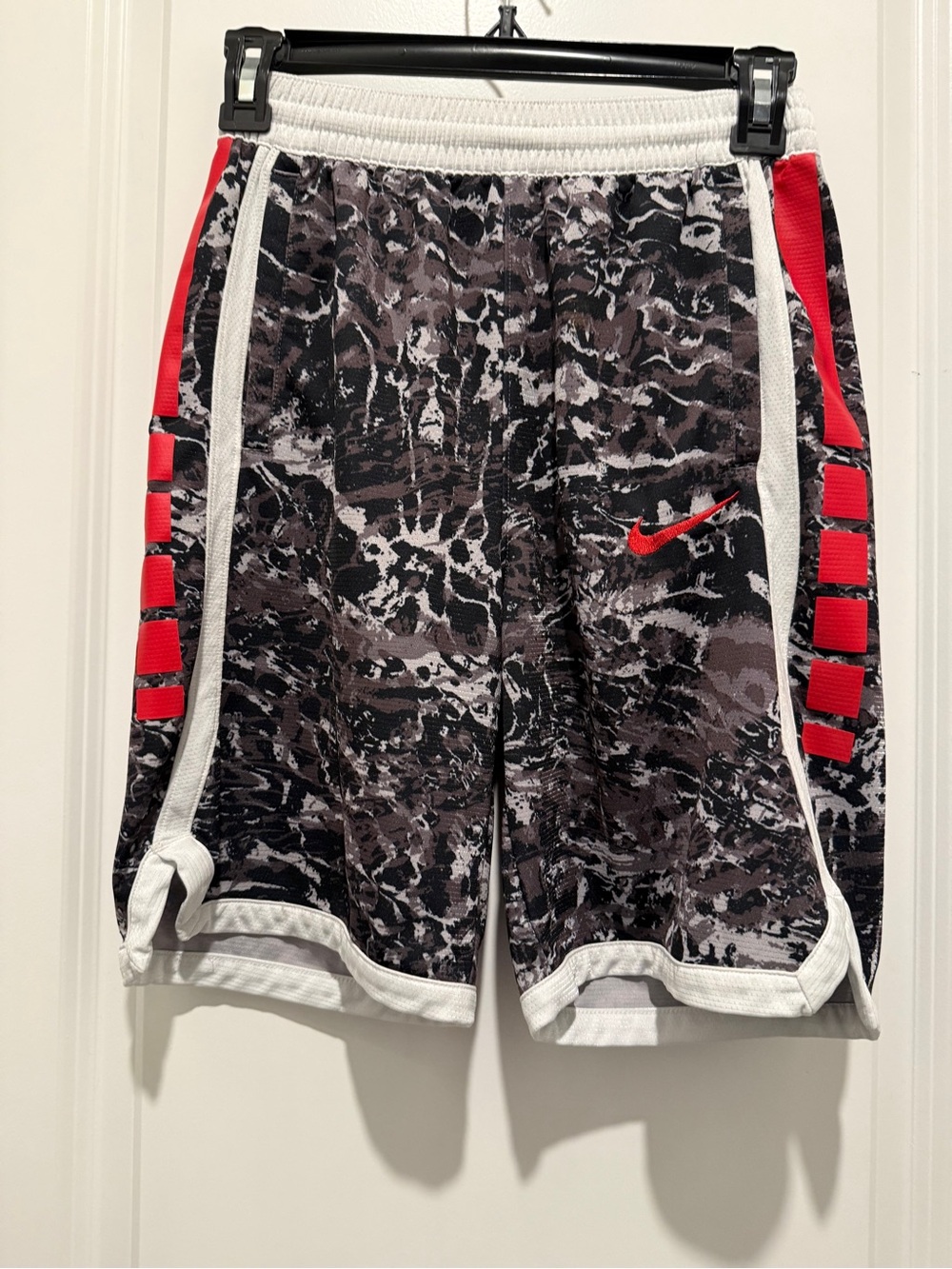 Nike “Elite” Black White Red Marble-Pattern Kids Athletic Shorts